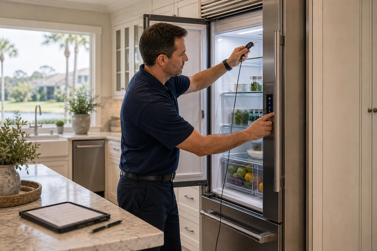 Service technician reading diagnostic codes on a Sub-Zero control panel during a Twenty Mile house call