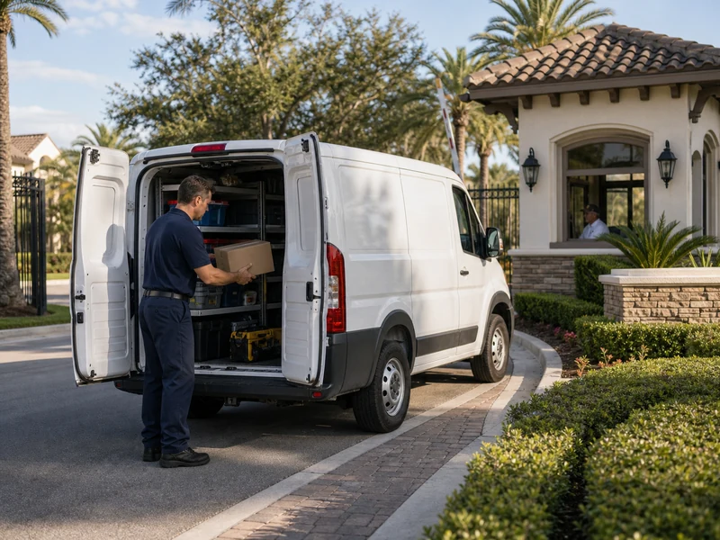 Sub-Zero Service Nocatee van arriving at a newer Crosswater home in the Nocatee community on a morning route