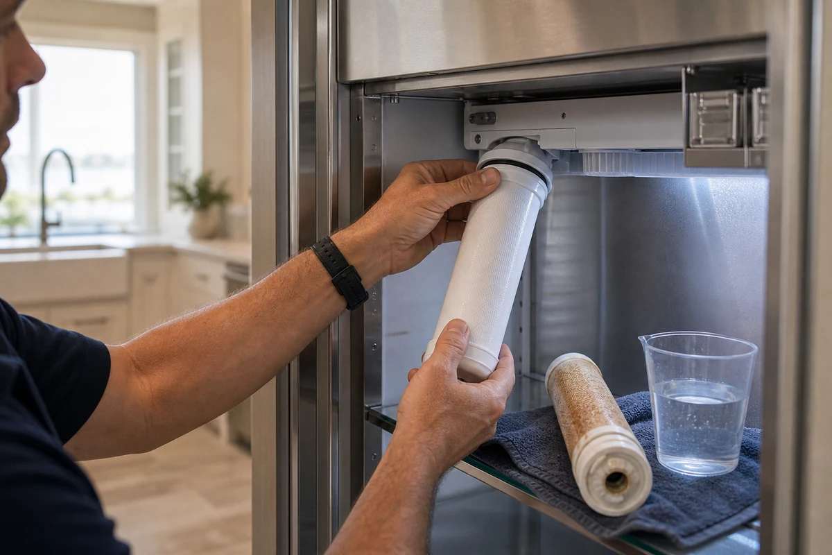 Technician seating a new Sub-Zero water filter cartridge after flushing the filter head in an Anthem Ridge kitchen
