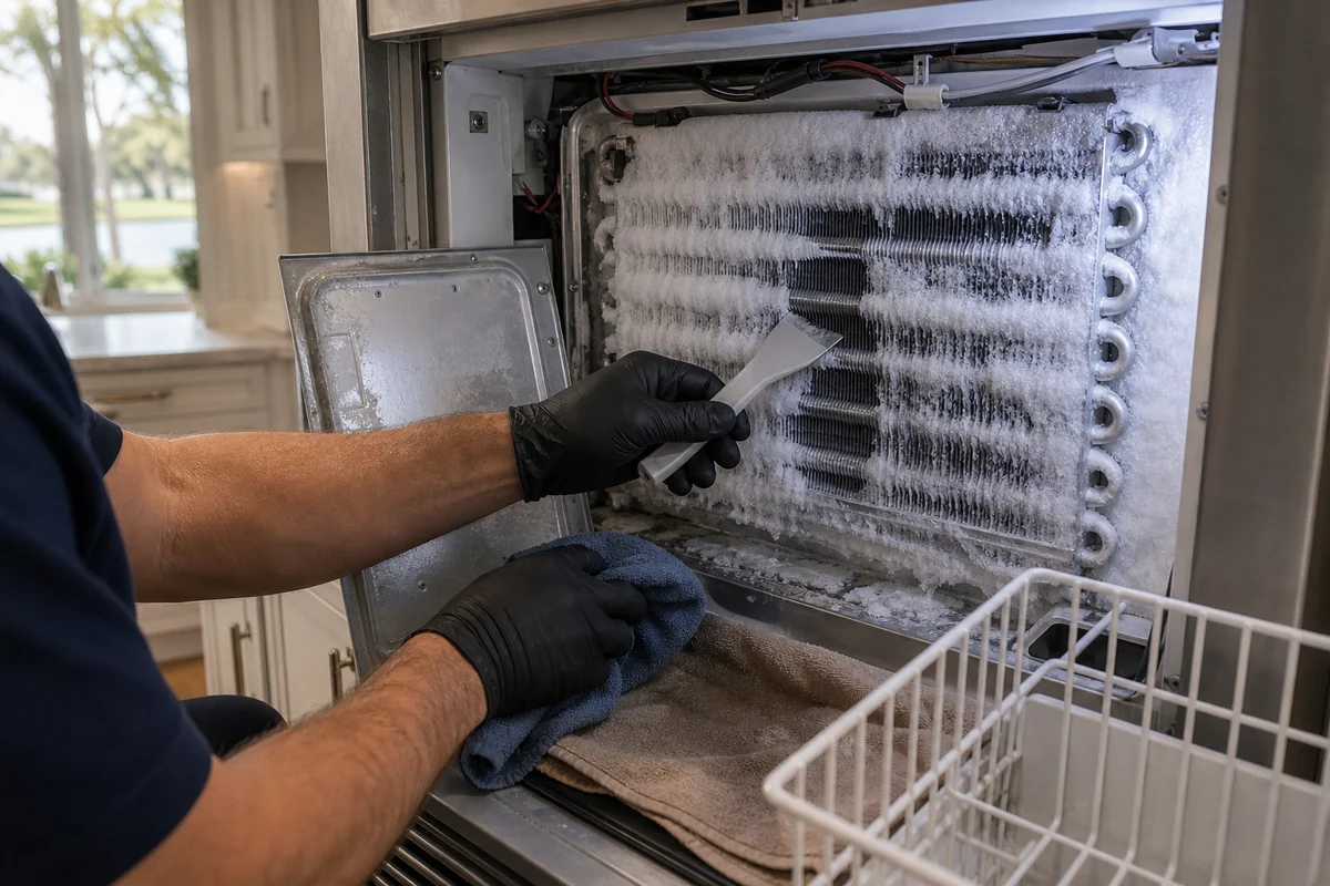 Frosted Sub-Zero evaporator coil exposed during a Nocatee defrost-system diagnosis