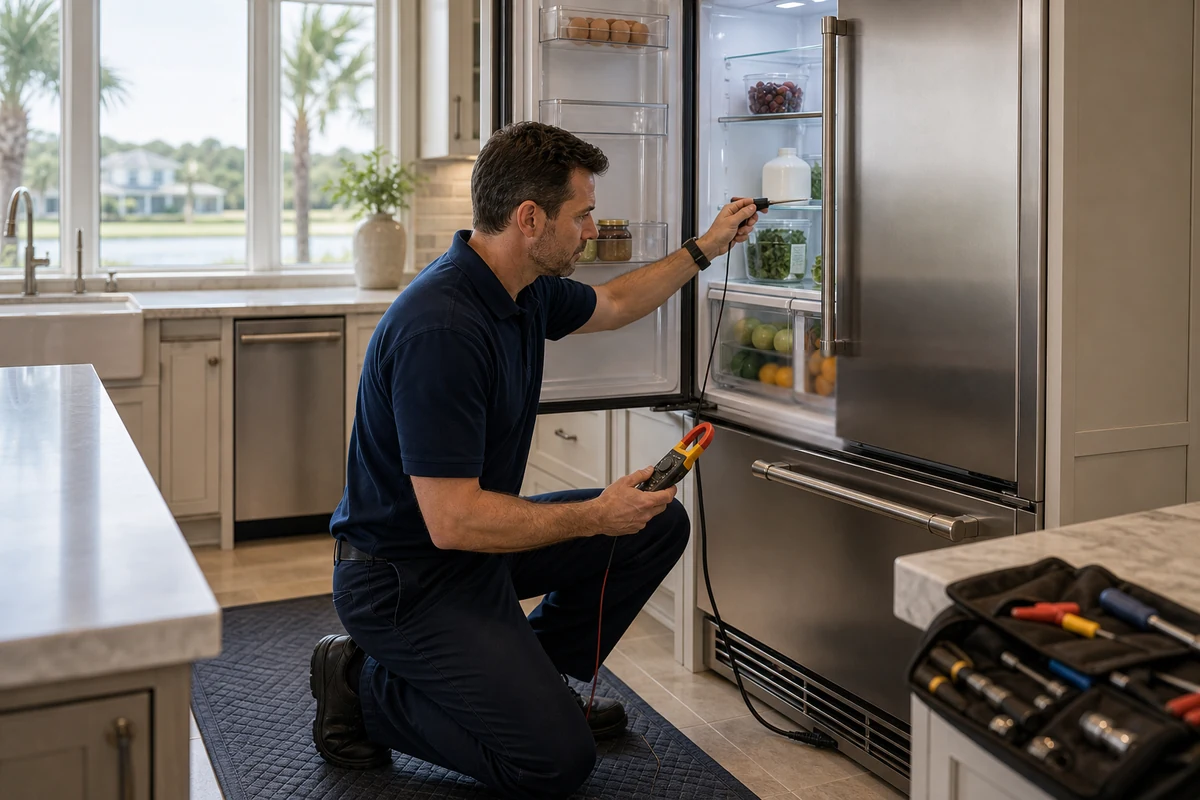 Technician taking compartment temperature and current readings on a Sub-Zero BI-36UFD in a Coastal Oaks kitchen