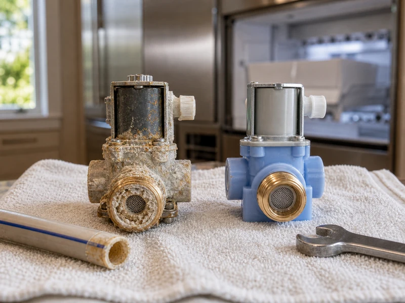 Scaled Sub-Zero water inlet valve next to a clean replacement part on a towel during a Nocatee service call